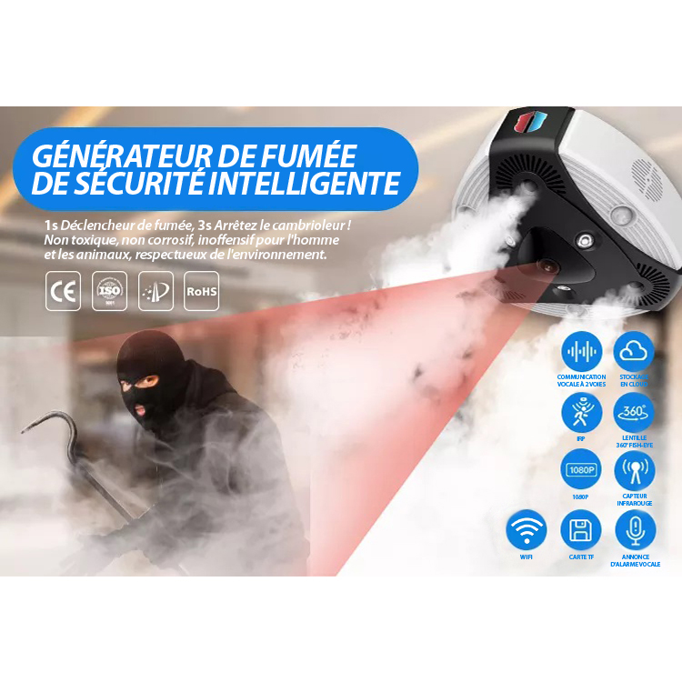 Gnrateur de Brouillard Scurit Antivol Sans fil Wifi Camra Surveillance JT-043S 360 HD 1080P Dtection de mouvement PIR Blanc